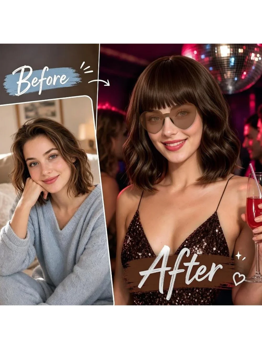 Women's Brown Curly Bob Synthetic Wigs Bangs With Neon Heart Sunglasses